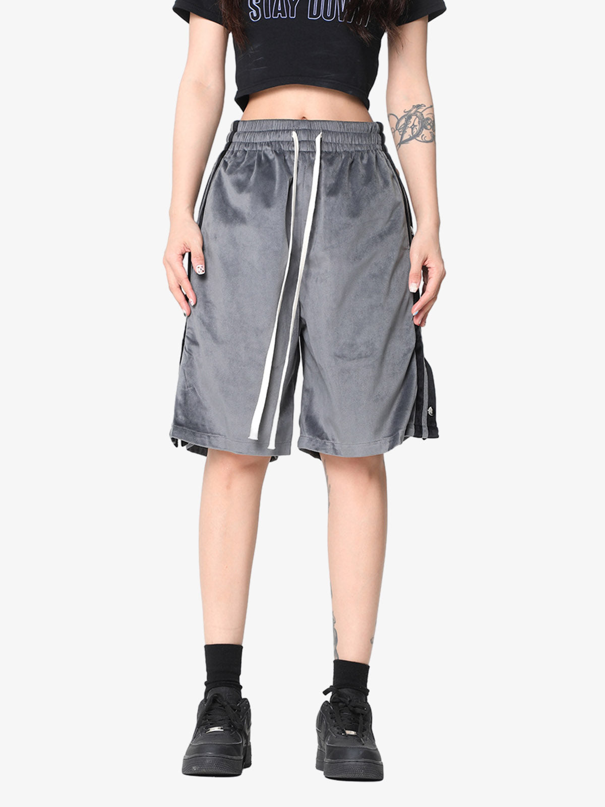 Back view of suede athletic shorts in a soft-touch finish