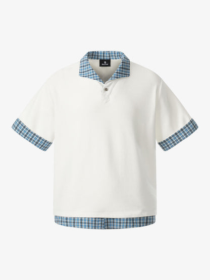 Revelse™  Pique Cotton Polo Shirt With Plaid Contrast Collar and Cuffs