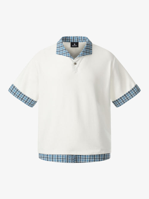 Revelse™  Pique Cotton Polo Shirt With Plaid Contrast Collar and Cuffs
