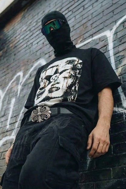 Gothic belt paired with a streetwear outfit for an edgy finished look
