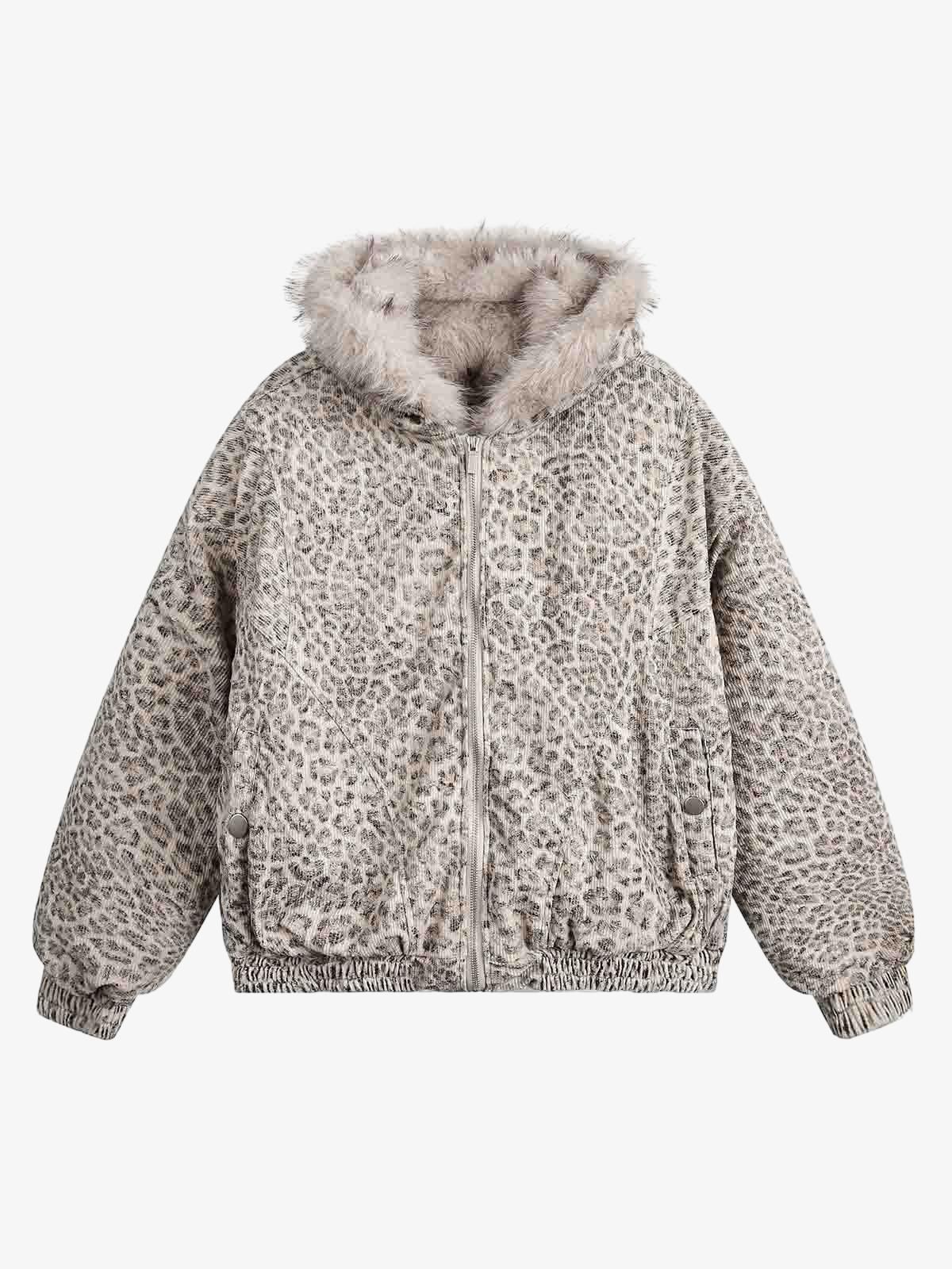 Cheetah Print Hooded Jacket with Faux Mink Fur Trim