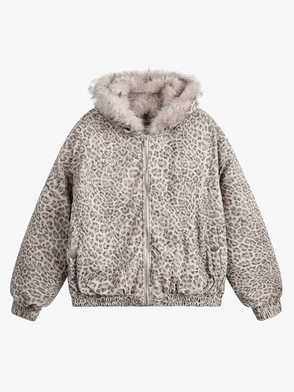 Cheetah Print Hooded Jacket with Faux Mink Fur Trim
