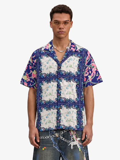 Revelse™  Boxy Cotton Blend Camp Collar Shirt Botanical Print Blue Green
