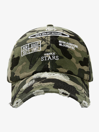 Baseball cap showing vintage washed fabric and distressed edges