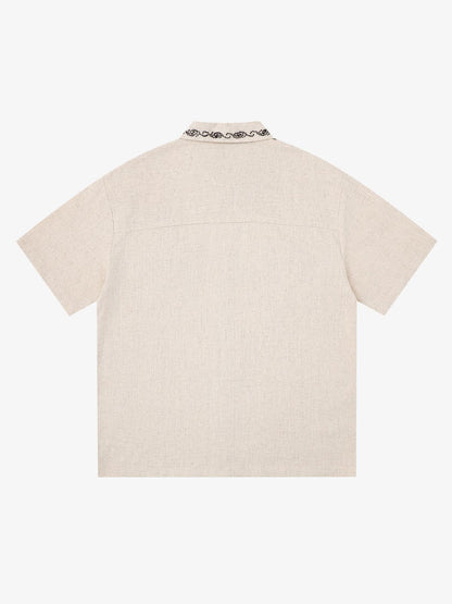 Revelse™  Textured Linen Blend Embroidered Short Sleeve Shirt