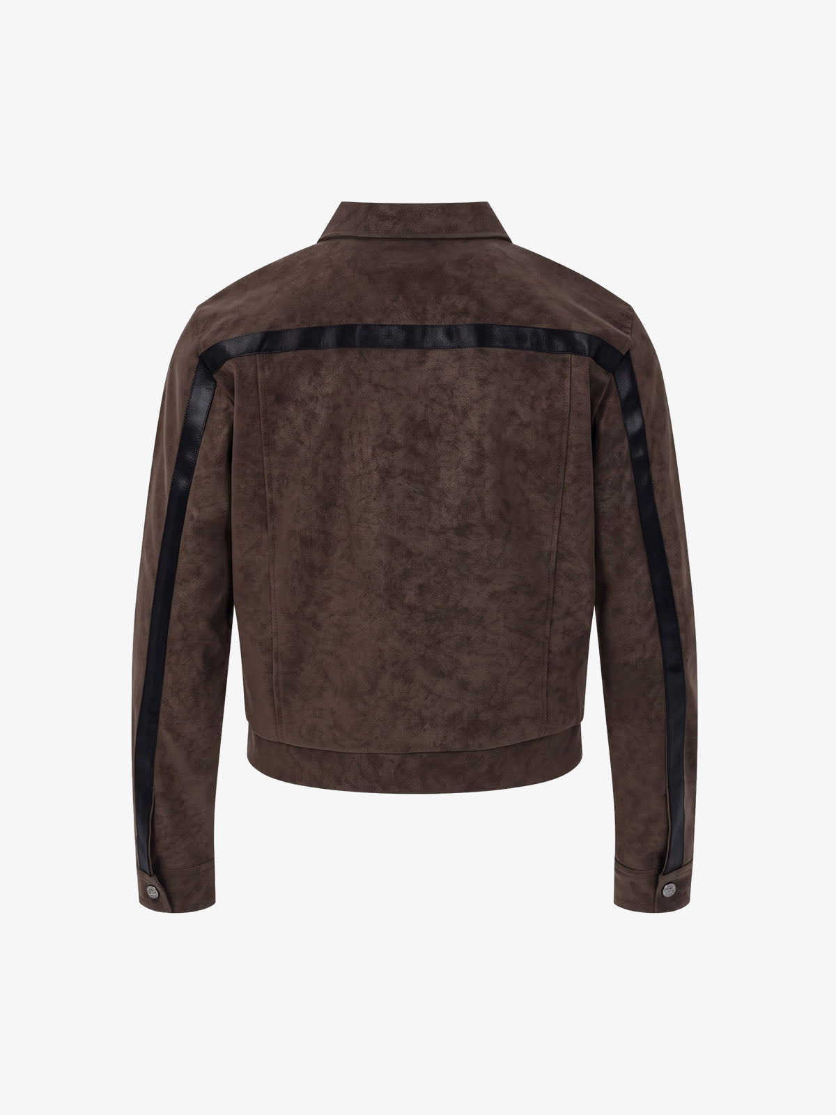 Brown cropped faux leather jacket showing its deconstructed patchwork front