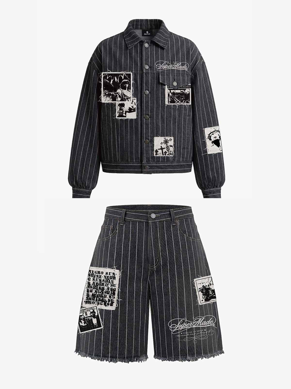 Vintage Pinstripe Patchwork Baggy Denim Set