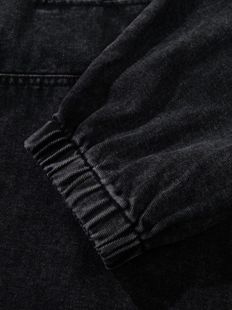 Washed Denim Toggle Front Hoodie Black