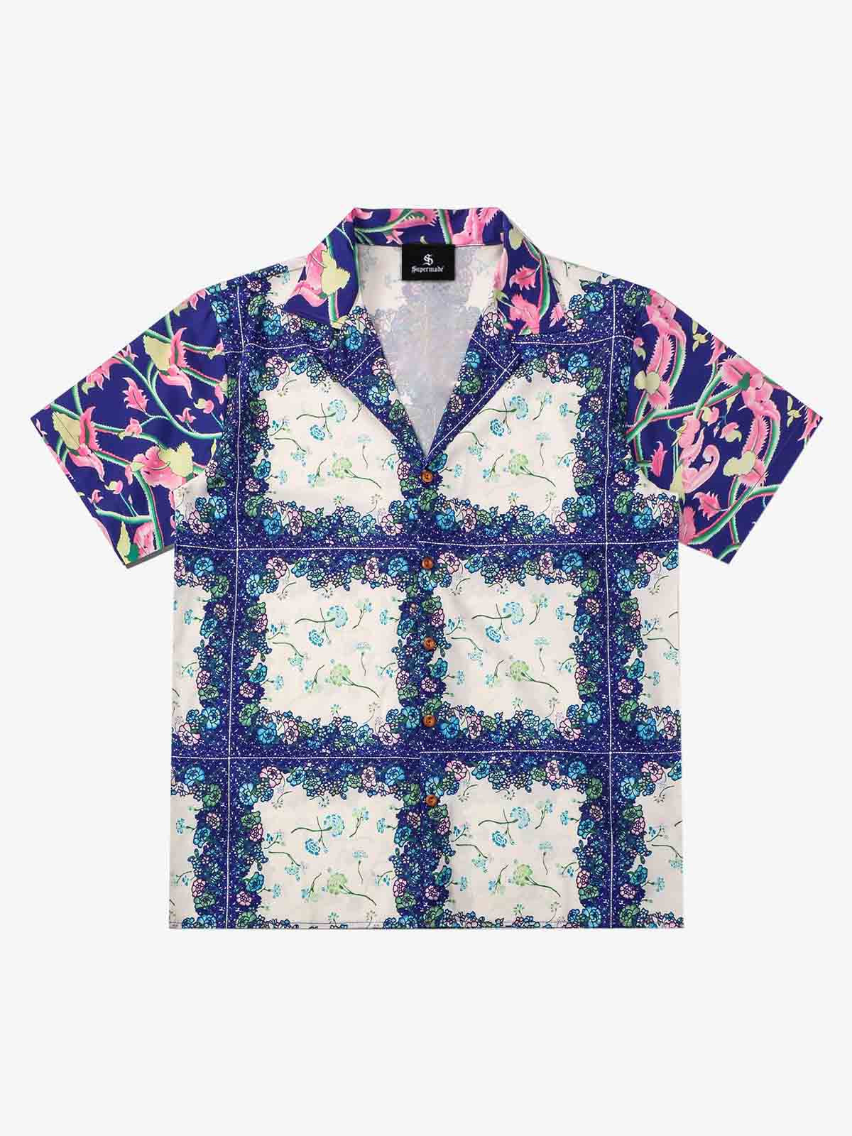Revelse™  Boxy Cotton Blend Camp Collar Shirt Botanical Print Blue Green