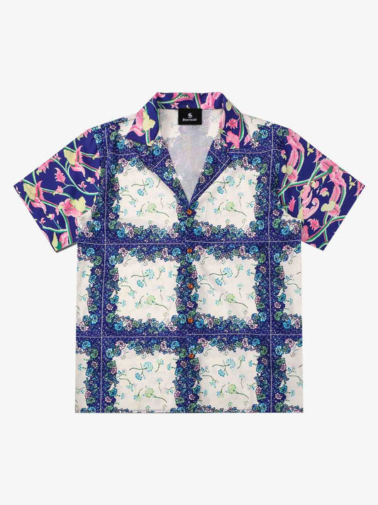 Revelse™  Boxy Cotton Blend Camp Collar Shirt Botanical Print Blue Green