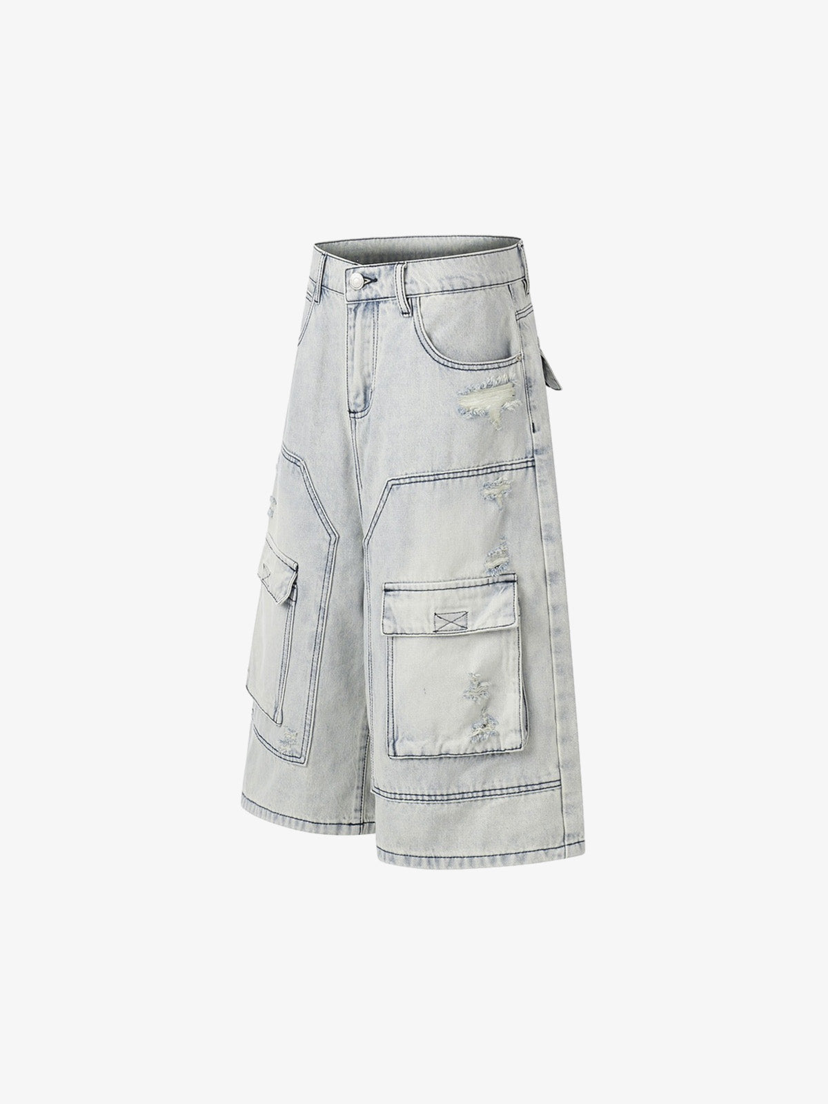 Revelse™ Distressed Denim Cargo Shorts Light Blue Oversized