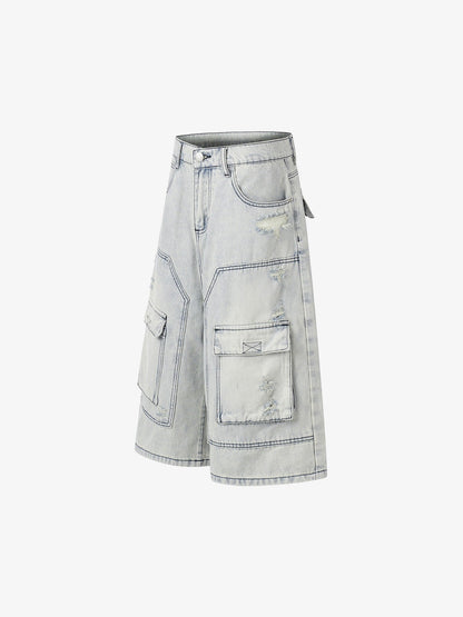 Revelse™ Distressed Denim Cargo Shorts Light Blue Oversized