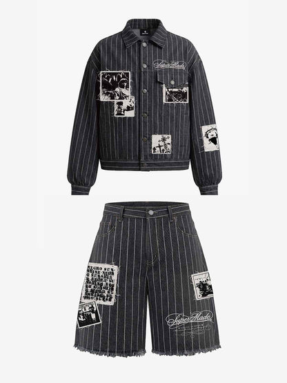 Vintage Pinstripe Patchwork Baggy Denim Set