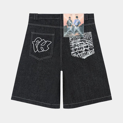 Men’s Graffiti Print Denim Shorts Hip-Hop Streetwear