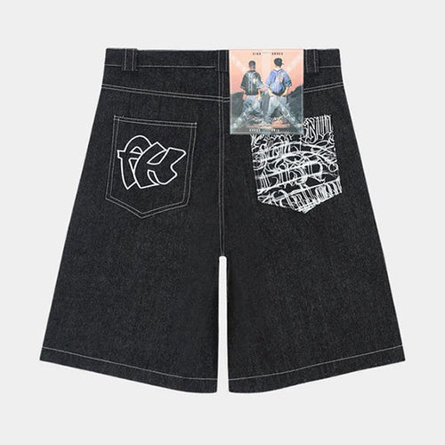Men’s Graffiti Print Denim Shorts Hip-Hop Streetwear