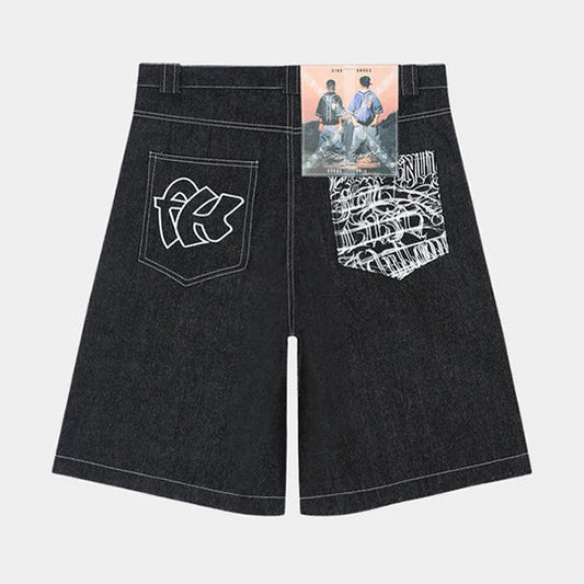 Men’s Graffiti Print Denim Shorts Hip-Hop Streetwear