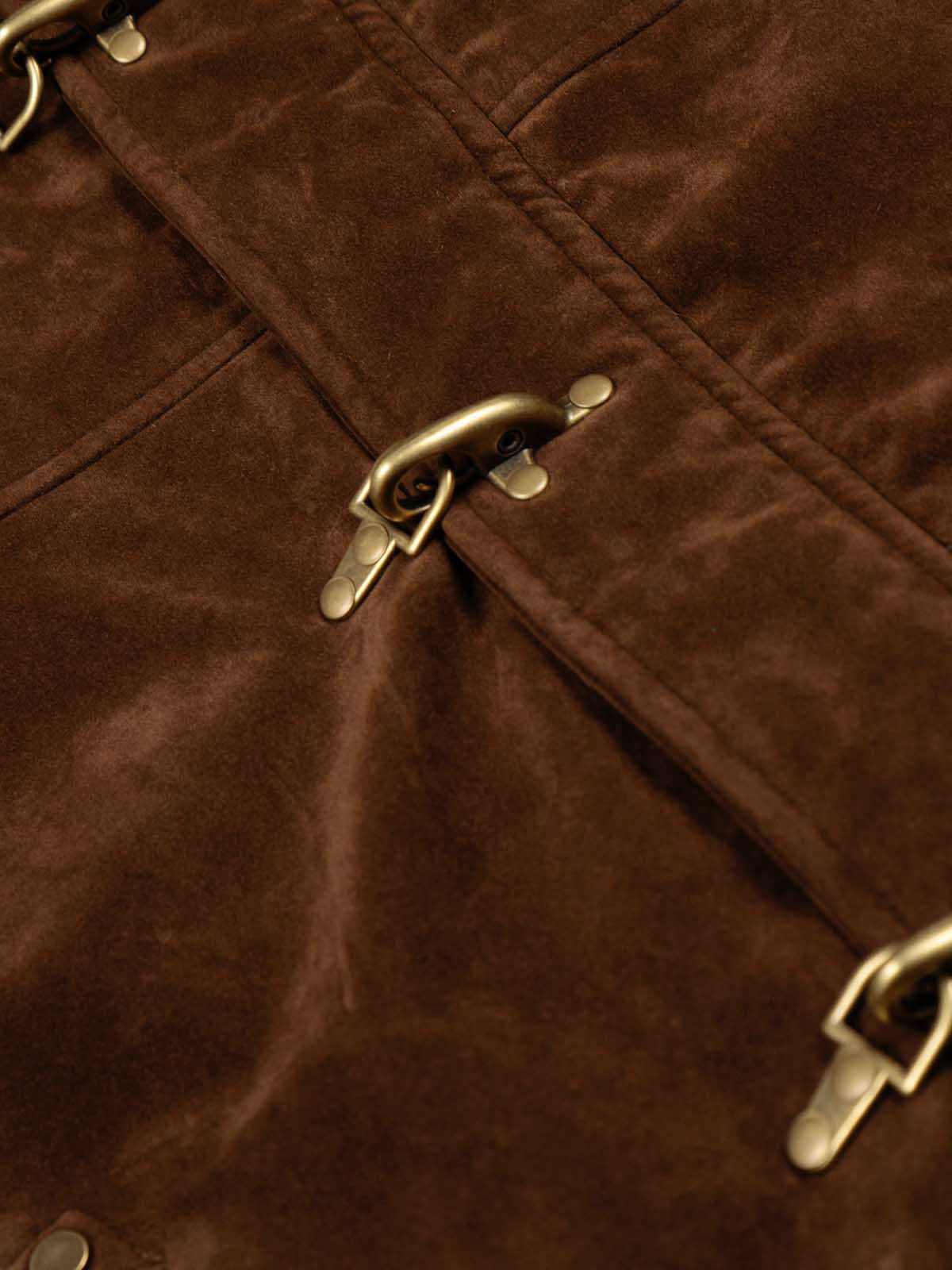Faux Fur Hooded Suede Bomber Jacket with Metal Clip Streetwear