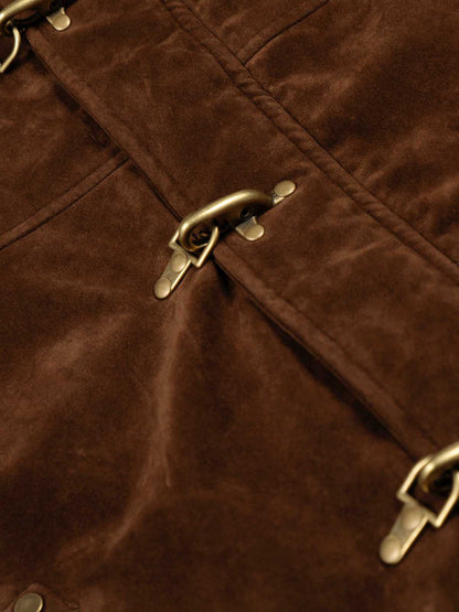 Faux Fur Hooded Suede Bomber Jacket with Metal Clip Streetwear