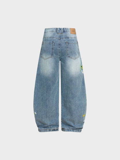 Revelse™ Baggy Wide-Leg Cotton Blend Denim Jeans Floral Embroidered