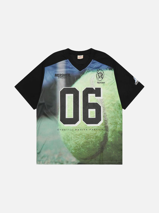 Front view of oversized baseball graphic V-neck jersey T-shirt