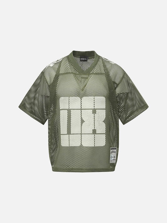 Front view of oversized mesh football jersey with bold 08 graphic