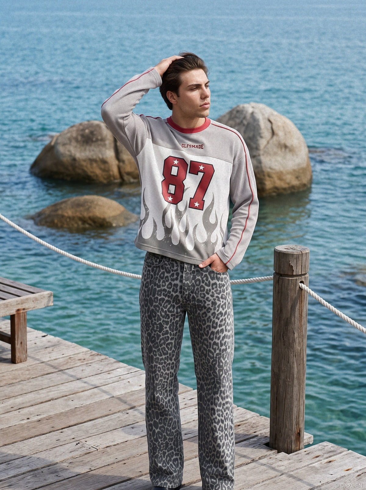 87 flame graphic long-sleeve top displayed on a model