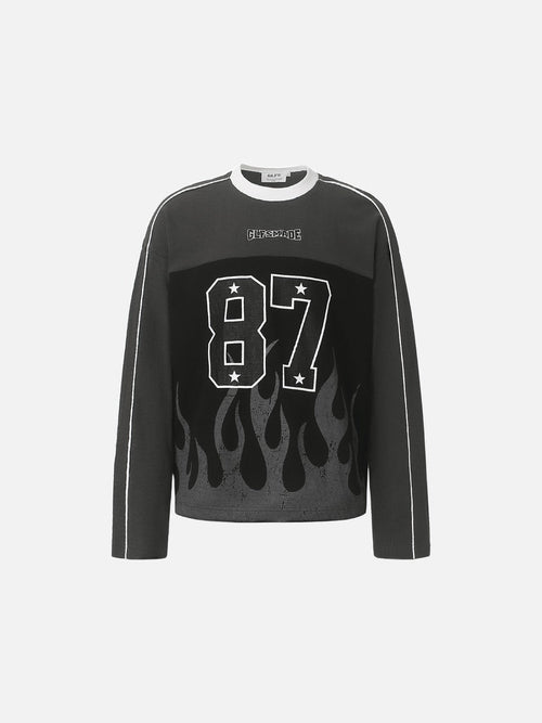 87 flame graphic long-sleeve top shown from the front