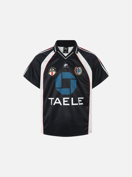 Front view of blue graphic football jersey with bold geometric print