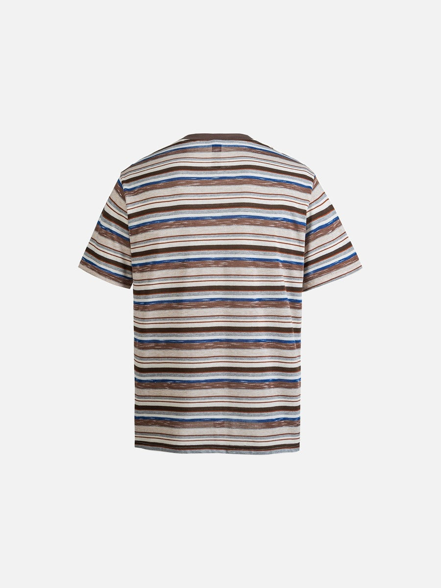 Striped pocket T-shirt with chest pocket and short sleeves, angled front view