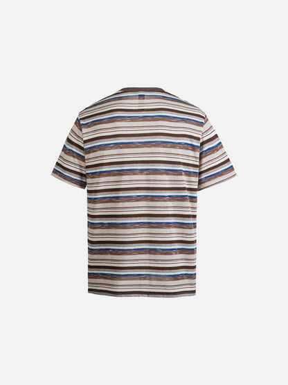 Striped pocket T-shirt with chest pocket and short sleeves, angled front view