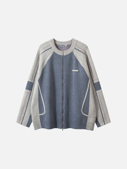 Front view of grey contrast knit cardigan in an oversized fit