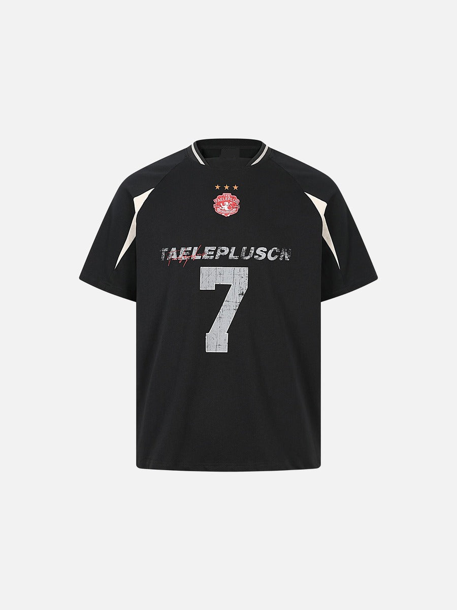 Back view of relaxed fit raglan T-shirt with contrasting panels