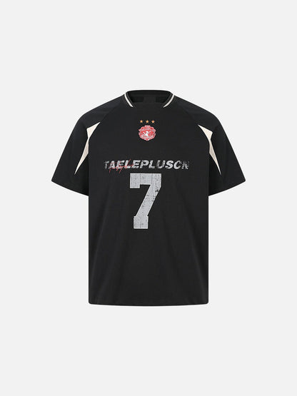 Back view of relaxed fit raglan T-shirt with contrasting panels