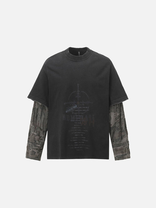 Front view of distressed camouflage long sleeve T-shirt with layered-look sleeves