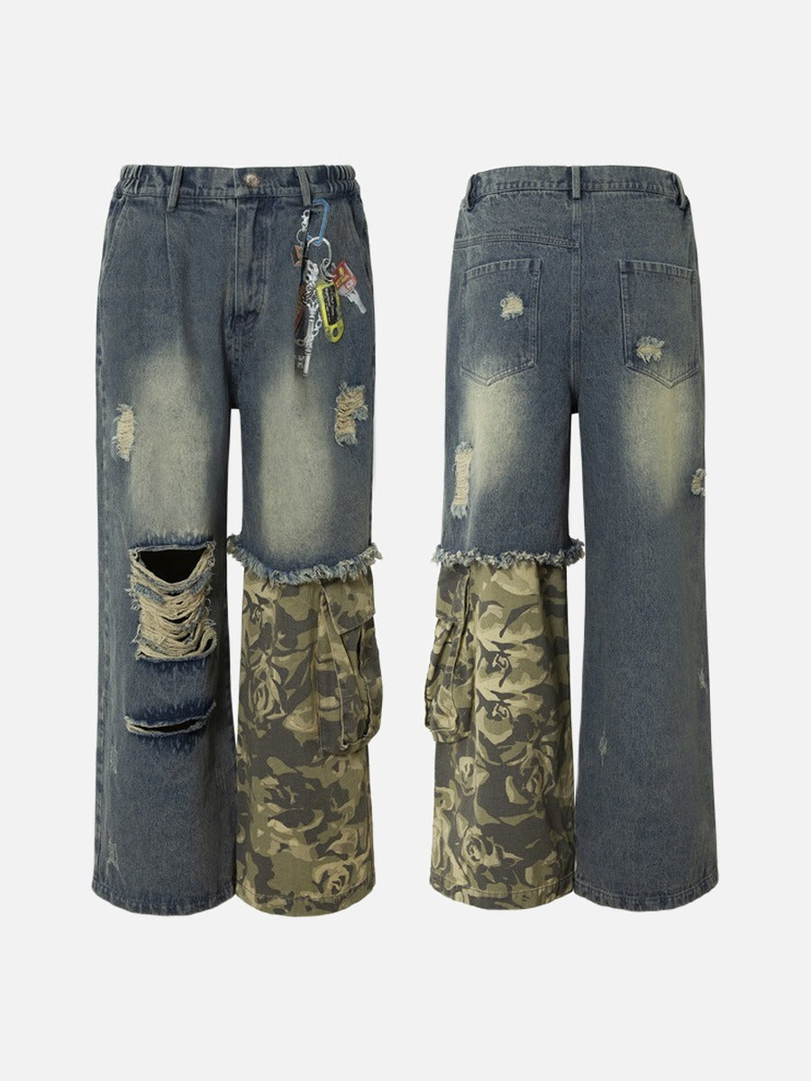 Wide-leg camouflage jeans styled for a streetwear look