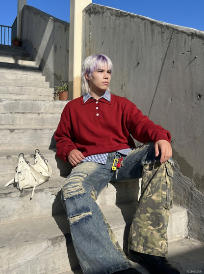 Camouflage pattern across the front of wide-leg jeans