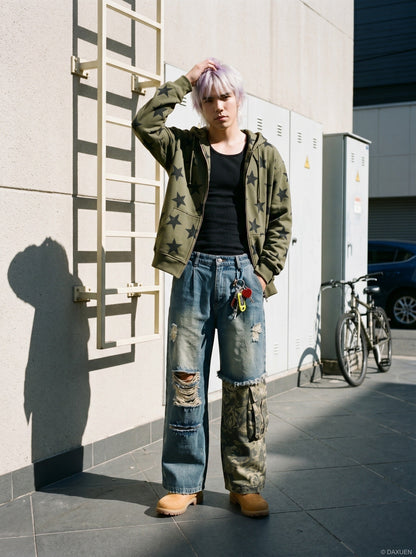 Back view of distressed camouflage wide-leg jeans