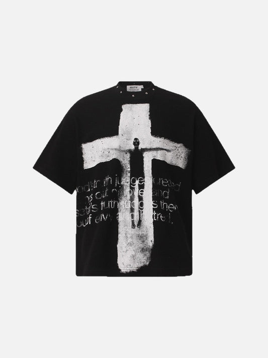 Front view of oversized graphic T-shirt with distressed cross print