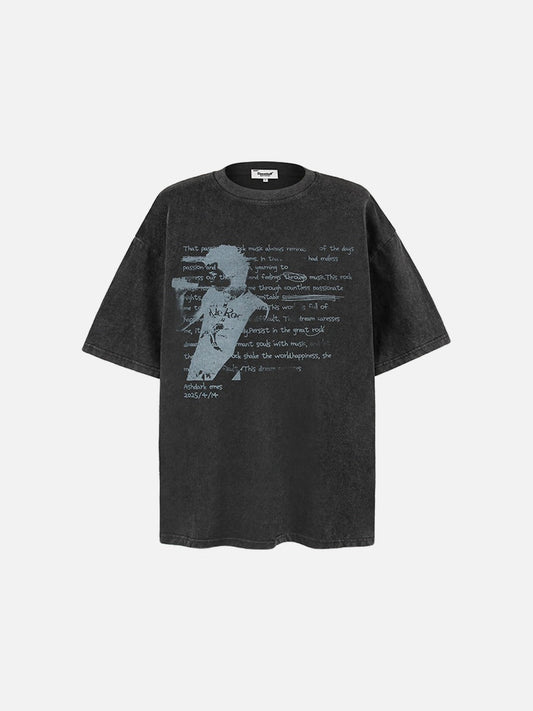 Front view of oversized graphic T-shirt with distressed print