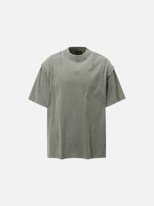 Front view of distressed mock neck T-shirt with layered panels