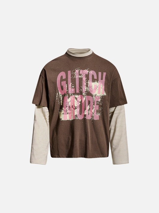 Front view of oversized layered graphic T-shirt in distressed pink
