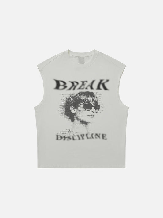 Front view of distressed graphic muscle tee in cotton jersey