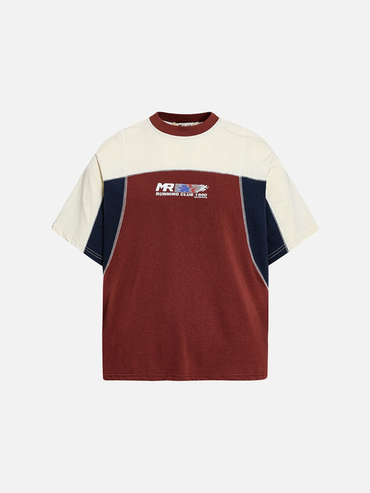 Front view of graphic colour block oversized T-shirt with short sleeves