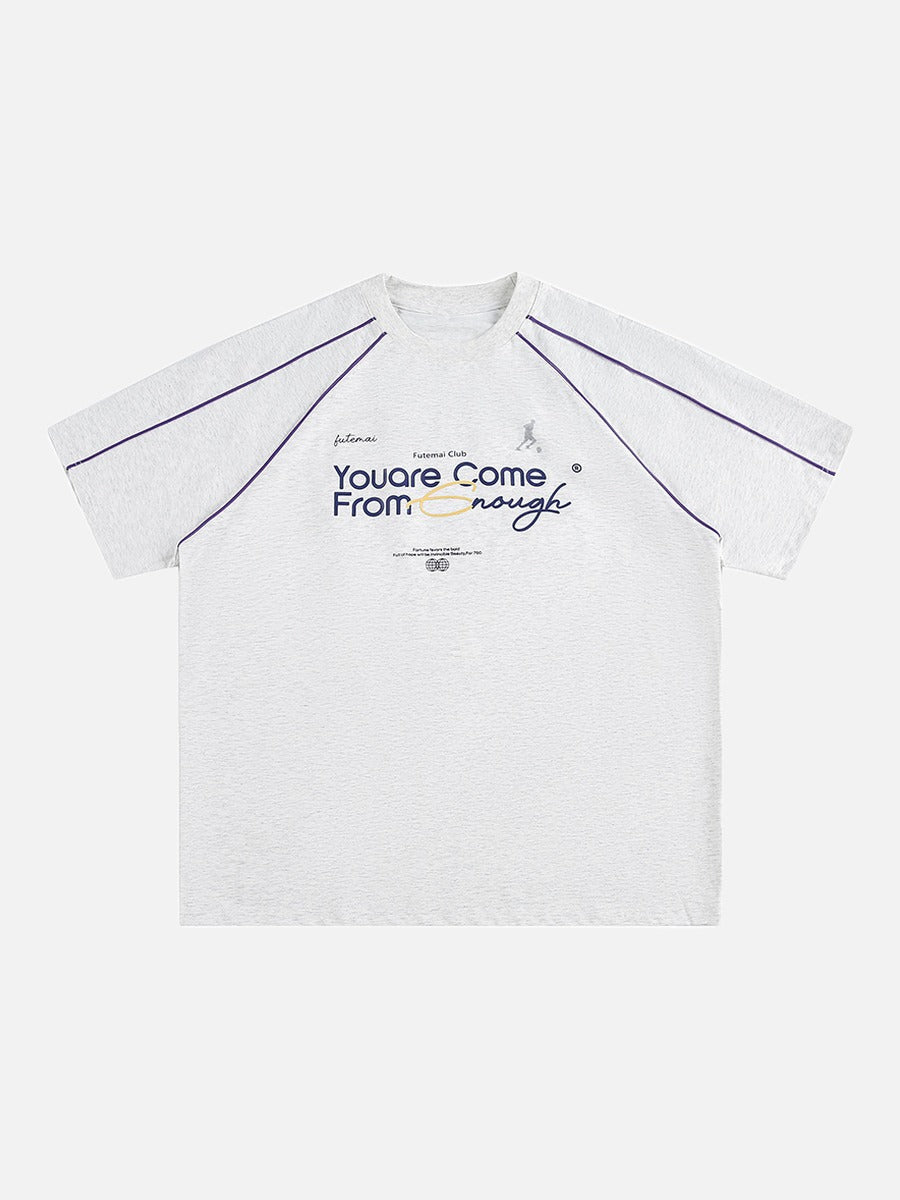 Front view of oversized graphic T-shirt with raglan sleeves