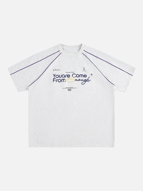 Front view of oversized graphic T-shirt with raglan sleeves