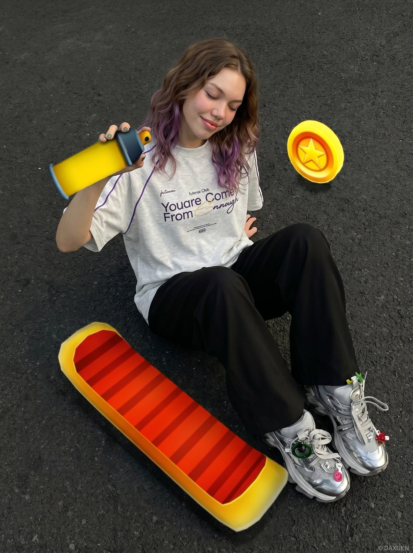 Model wearing oversized graphic T-shirt with raglan sleeves