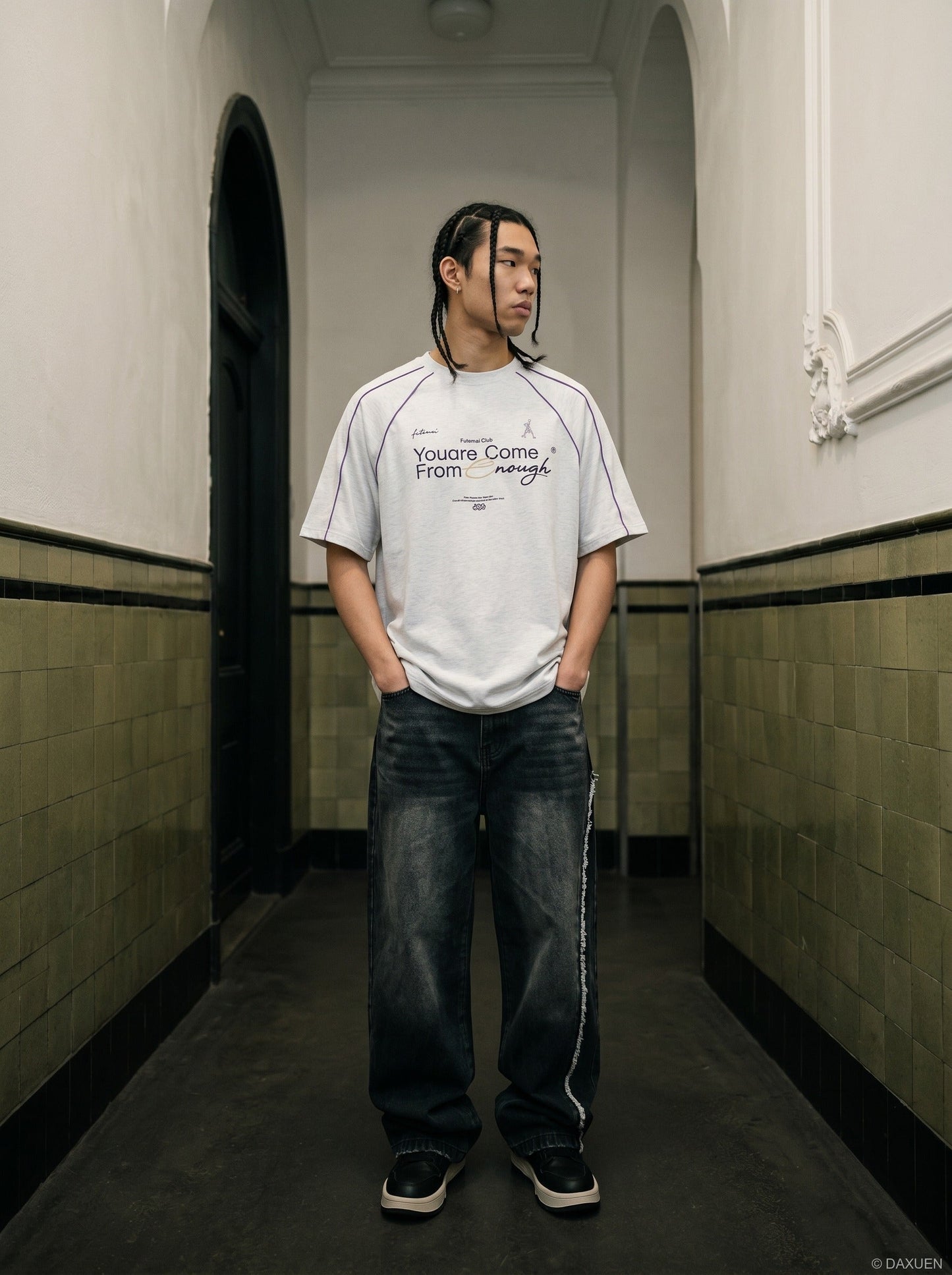 Oversized graphic T-shirt styled with casual bottoms