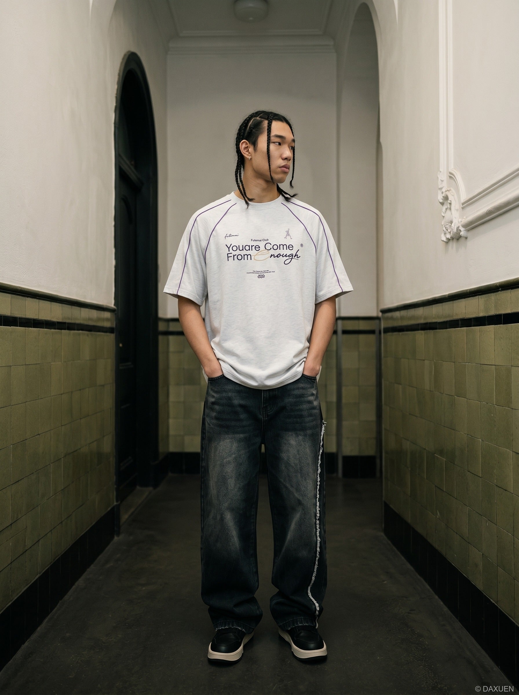Oversized graphic T-shirt styled with casual bottoms