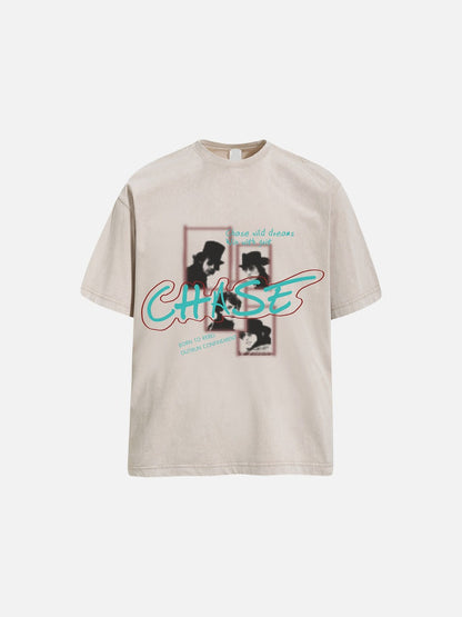 Crew neck detail of oversized graphic T-shirt with faded print