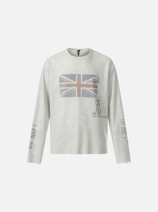 Front view of waffle knit long sleeve top with flag graphic